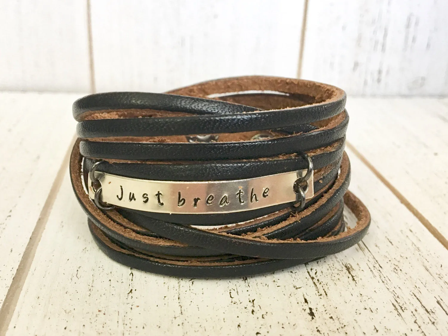 Just Breathe Brass or Silver Black Leather Wrap Bracelet, adjustable