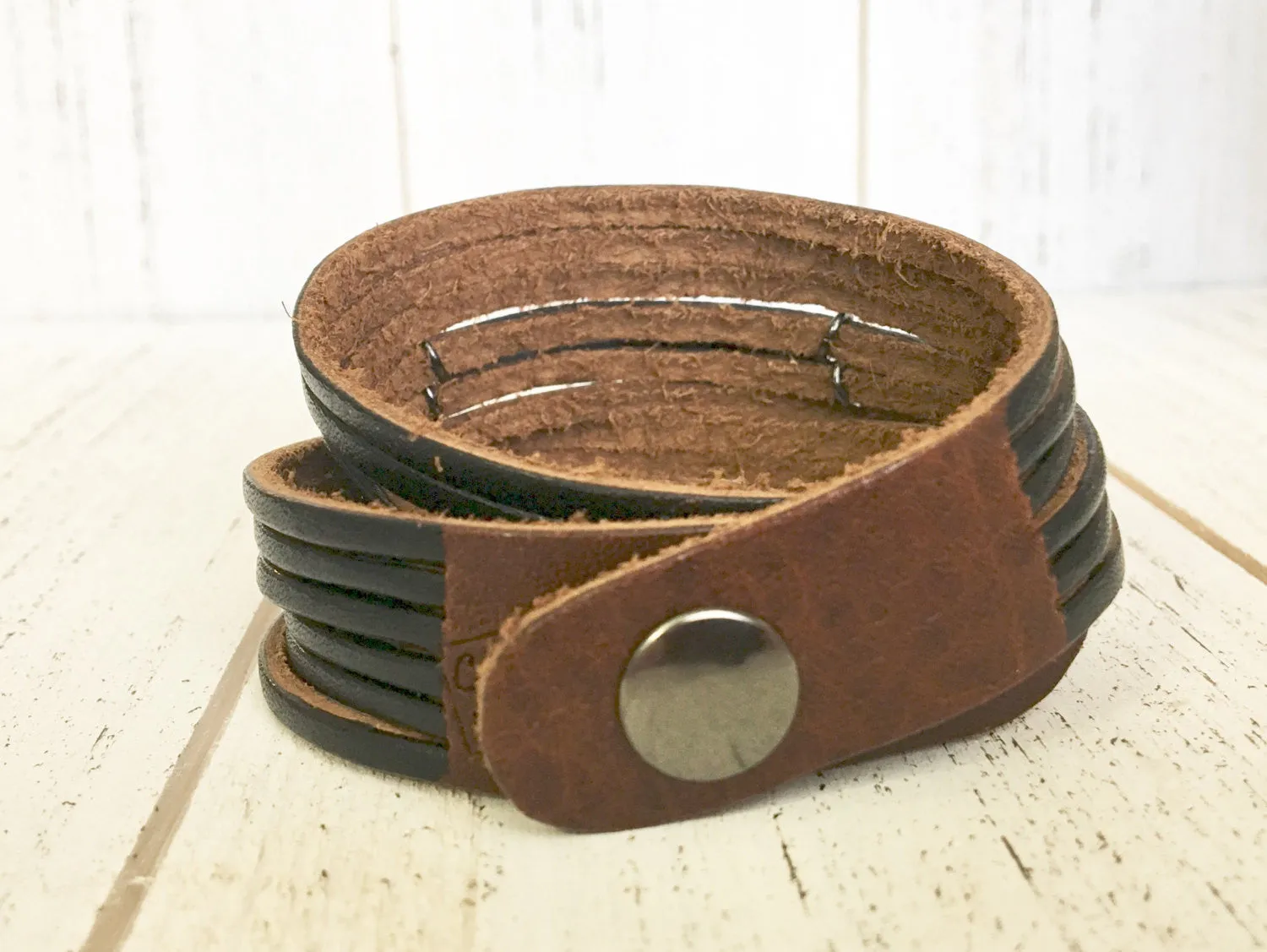 Just Breathe Brass or Silver Black Leather Wrap Bracelet, adjustable