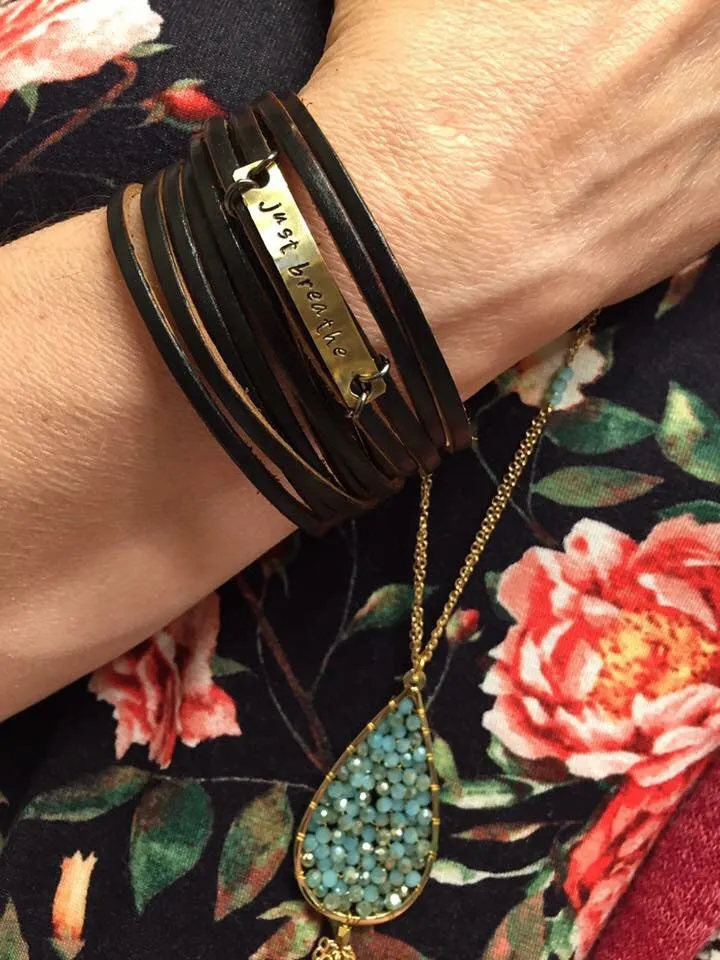 Just Breathe Brass or Silver Black Leather Wrap Bracelet, adjustable