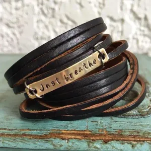 Just Breathe Brass or Silver Black Leather Wrap Bracelet, adjustable