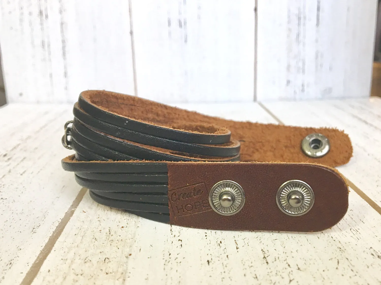 Just Breathe Brass or Silver Black Leather Wrap Bracelet, adjustable