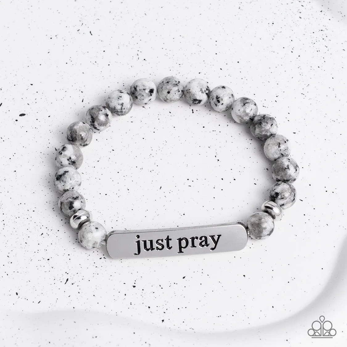 Just Pray - Silver - Gray Marbled Stone Bead Inspirational Religious Paparazzi Stretchy Bracelet