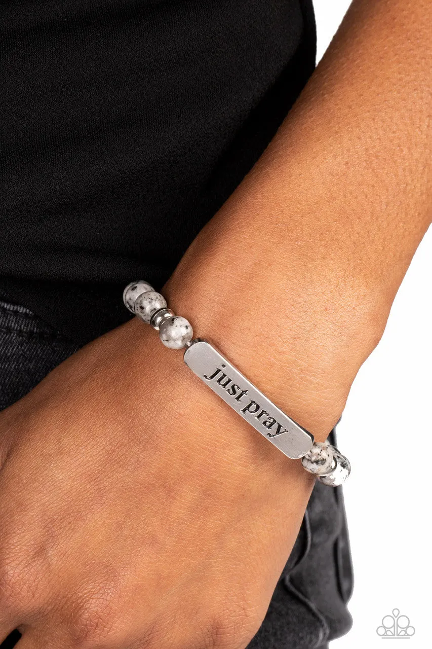 Just Pray - Silver - Gray Marbled Stone Bead Inspirational Religious Paparazzi Stretchy Bracelet