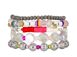 {KIRBY} Erimish White, Silver   Rainbow Beads Stack {Set of 5 Bracelets}