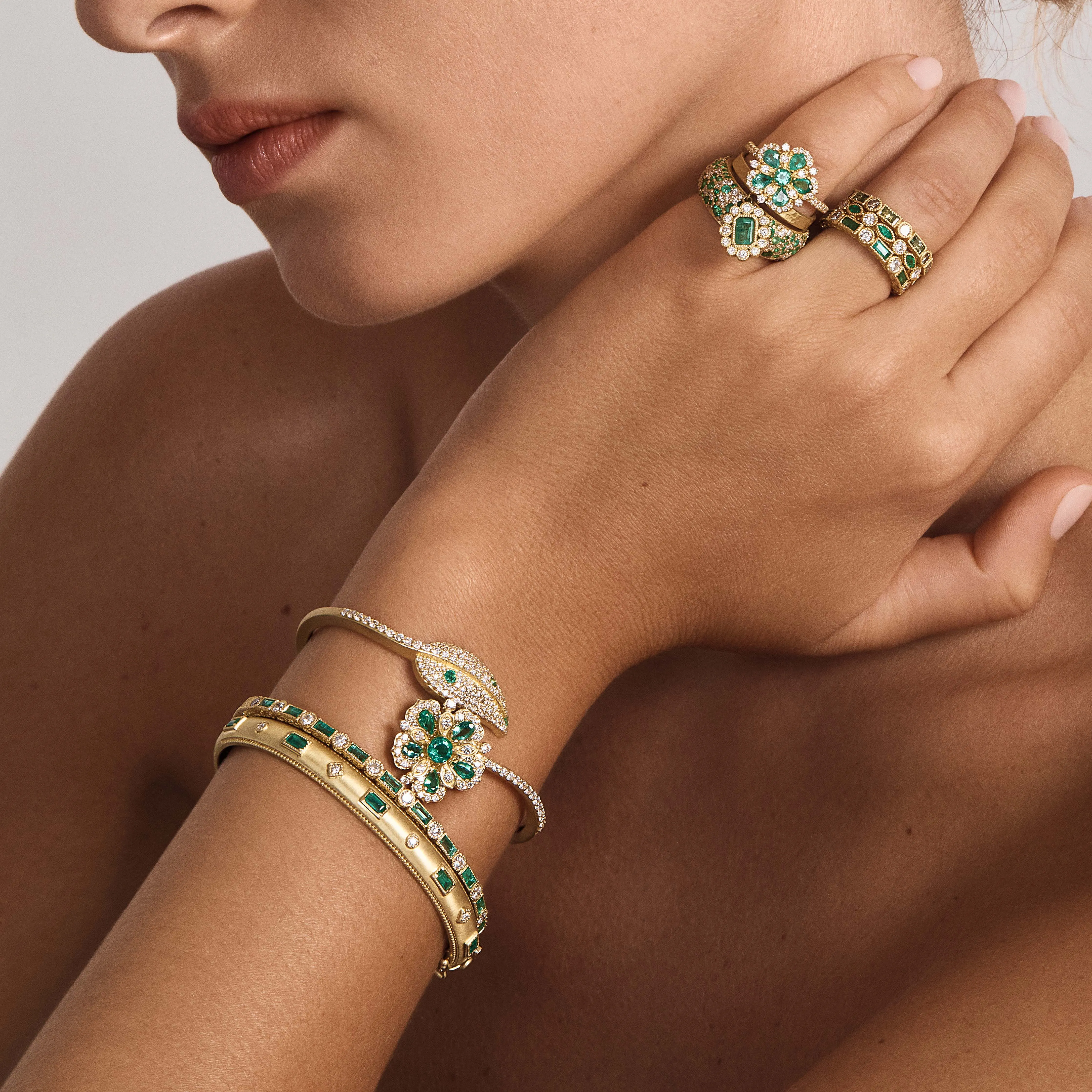 Large Jasmine Bloom Bypass Leaf Bangle with Pink Sapphires & Diamonds
