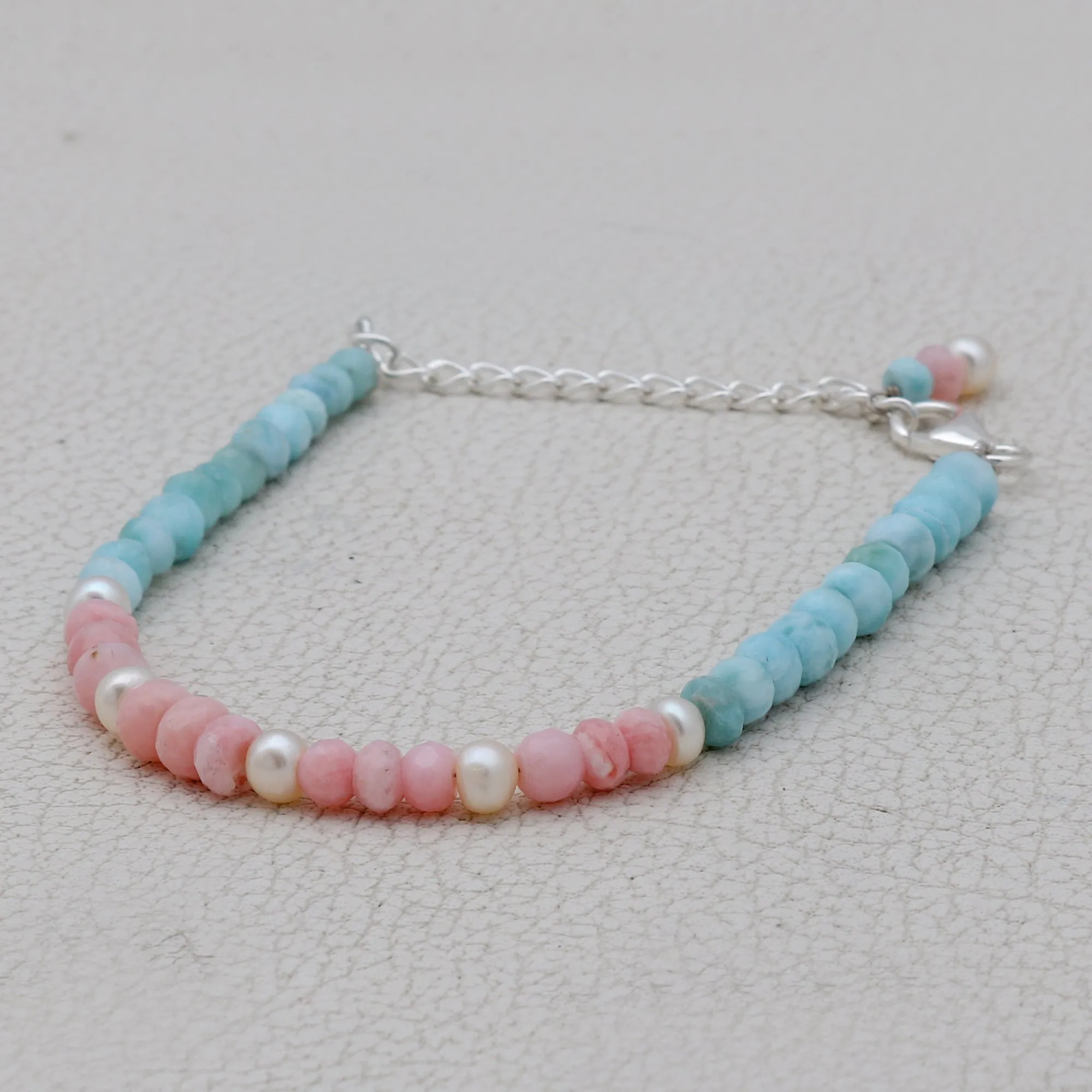 Larimar' Pink Opal' Pearl Beads Bracelet