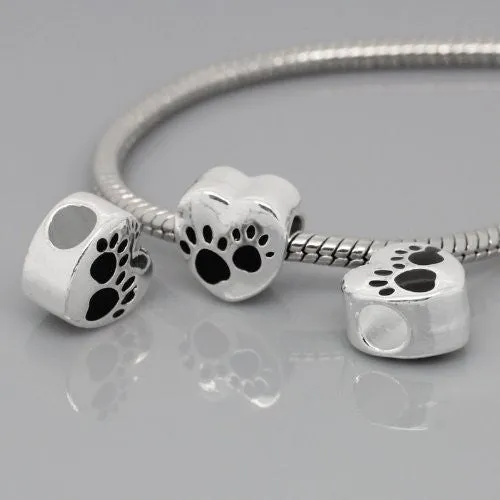 Love Heart Charm with Black Paw Print European Bead Compatible for Most European Snake Chain Bracelet