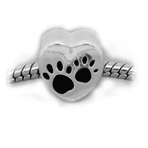 Love Heart Charm with Black Paw Print European Bead Compatible for Most European Snake Chain Bracelet