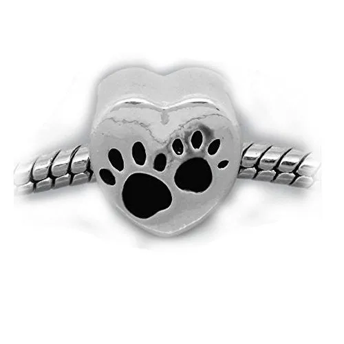 Love Heart Charm with Black Paw Print European Bead Compatible for Most European Snake Chain Bracelet