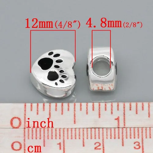 Love Heart Charm with Black Paw Print European Bead Compatible for Most European Snake Chain Bracelet