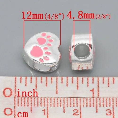 Love Heart Charm with Pink Paw Print European Bead Compatible for Most European Snake Chain Bracelet