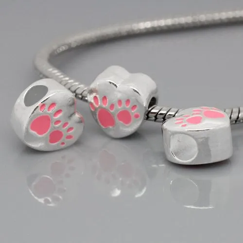 Love Heart Charm with Pink Paw Print European Bead Compatible for Most European Snake Chain Bracelet