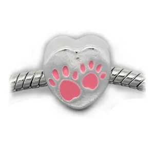 Love Heart Charm with Pink Paw Print European Bead Compatible for Most European Snake Chain Bracelet