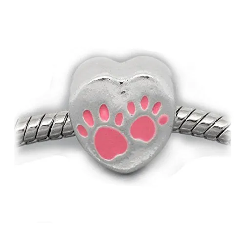 Love Heart Charm with Pink Paw Print European Bead Compatible for Most European Snake Chain Bracelet