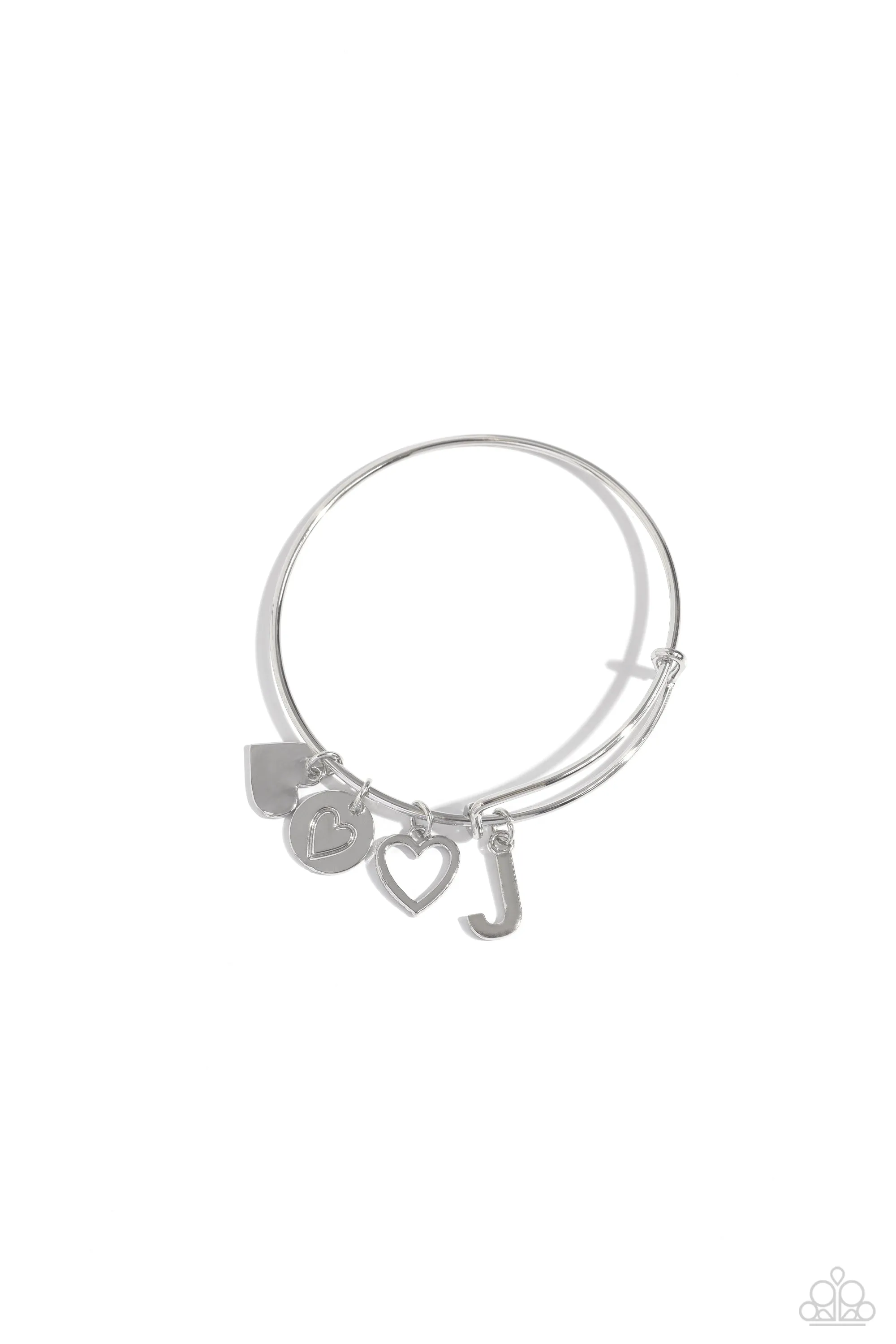 Making It INITIAL - Silver - J - Heart and Letter Charm Paparazzi Bangle Bracelet