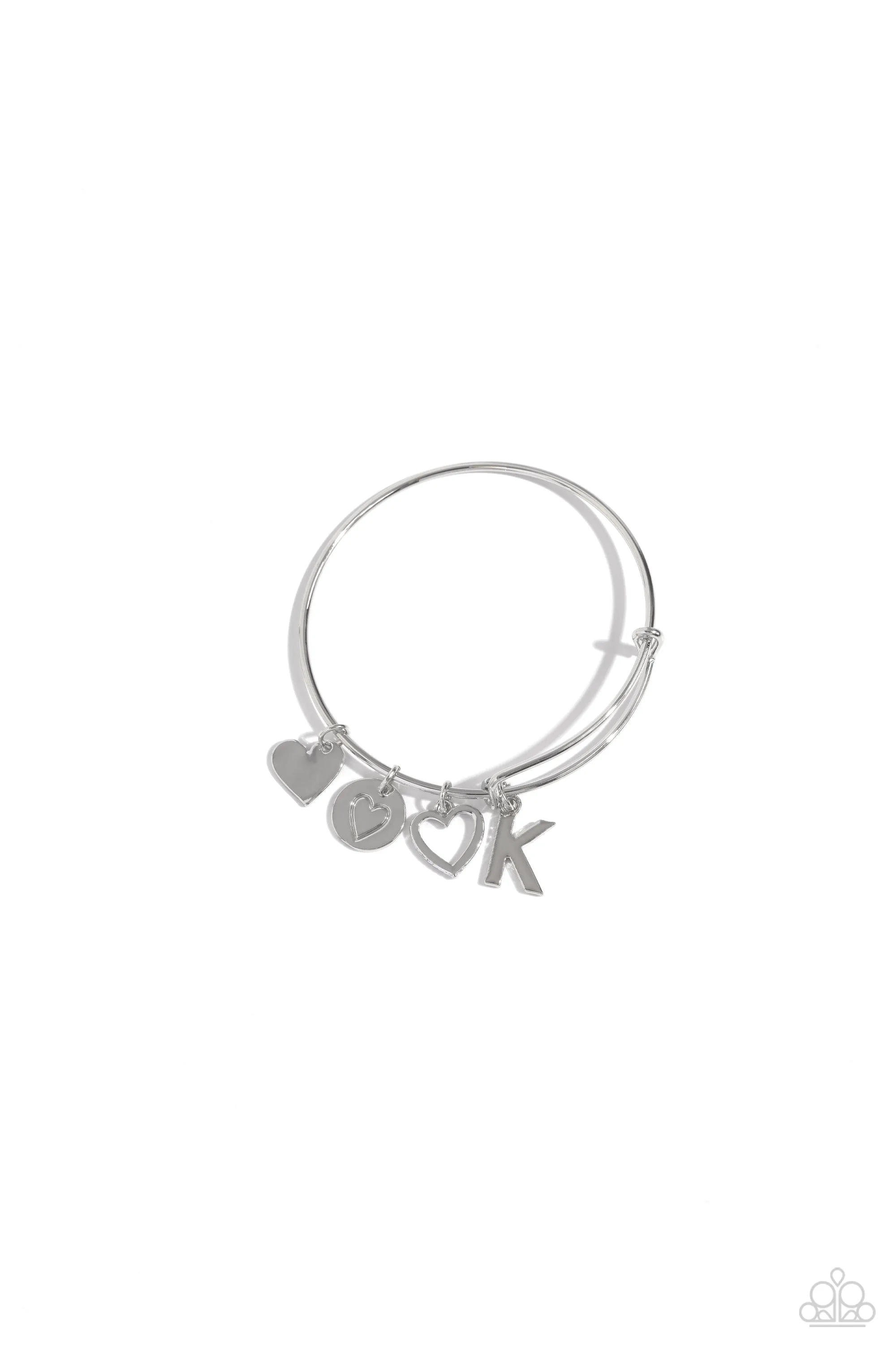 Making It INITIAL - Silver - K - Heart and Letter Charm Paparazzi Bangle Bracelet