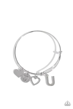 Making It INITIAL - Silver - U - Heart and Letter Charm Paparazzi Bangle Bracelet