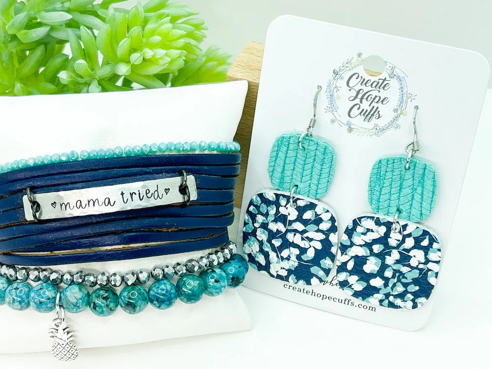 MAMA TRIED Leather Double Wrap | Silver Bar Bracelet | Adjustable