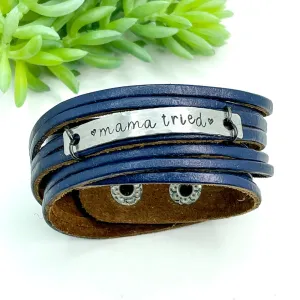 MAMA TRIED Leather Double Wrap | Silver Bar Bracelet | Adjustable