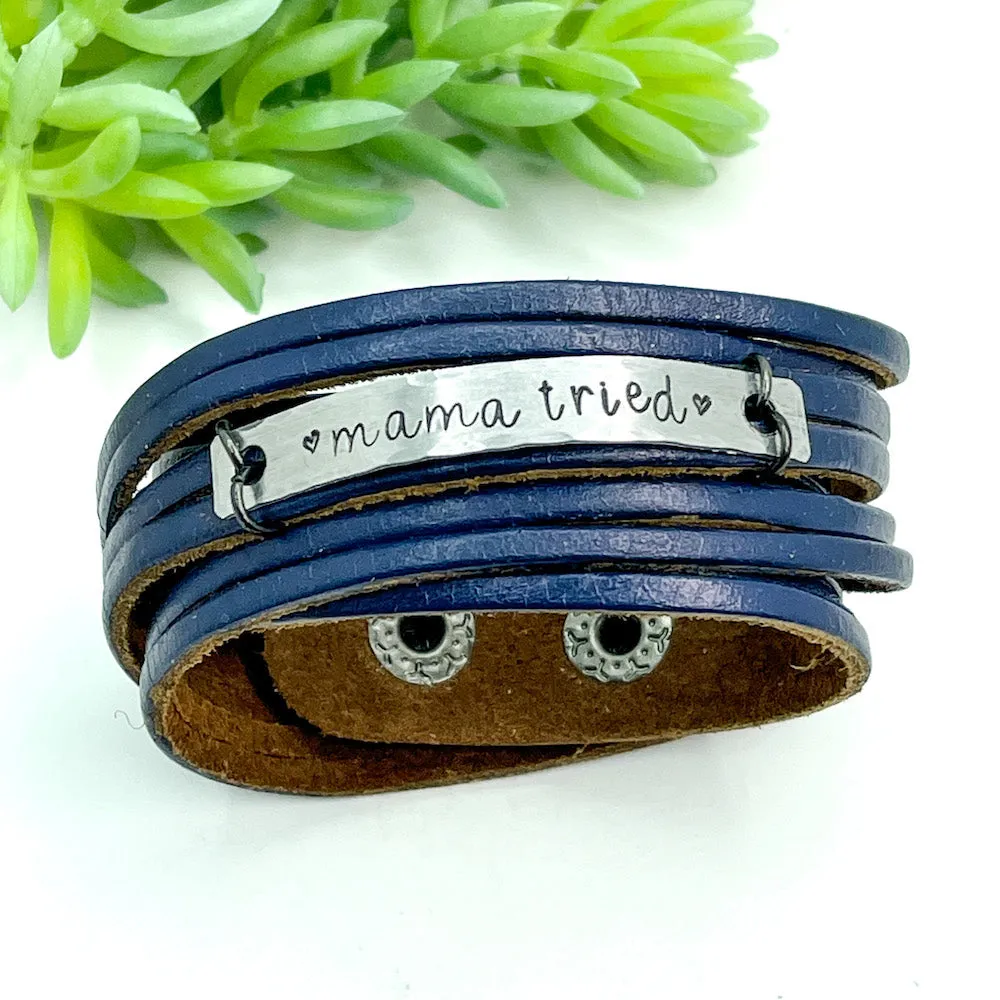 MAMA TRIED Leather Double Wrap | Silver Bar Bracelet | Adjustable