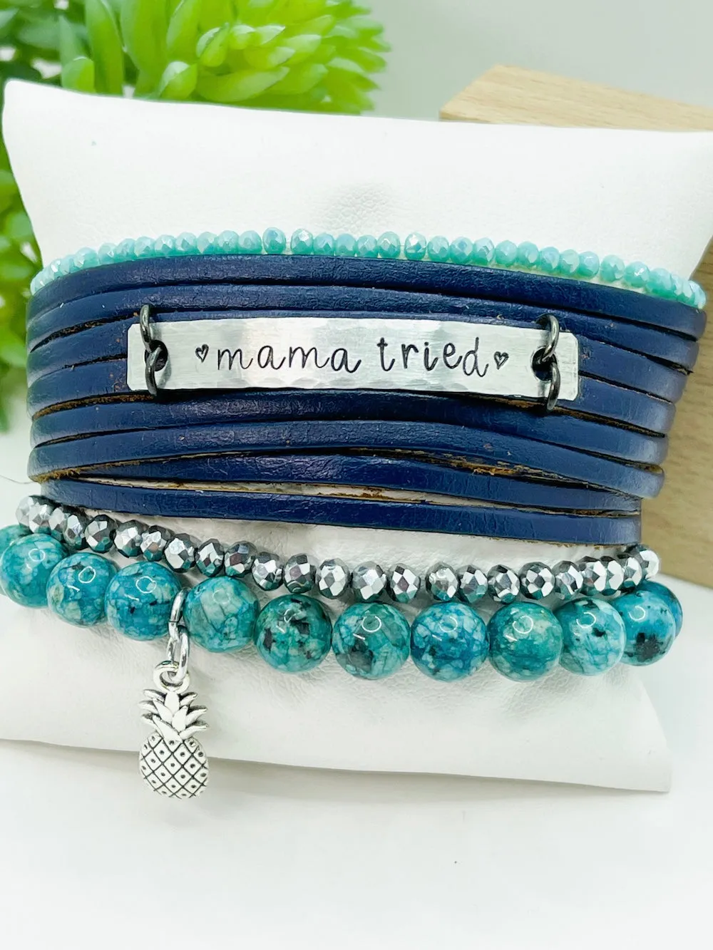 MAMA TRIED Leather Double Wrap | Silver Bar Bracelet | Adjustable