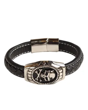 Men's Black Plaited Leather Skull Logo Bracelet