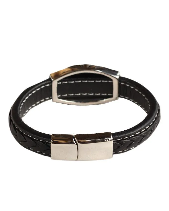 Men's Black Plaited Leather Skull Logo Bracelet