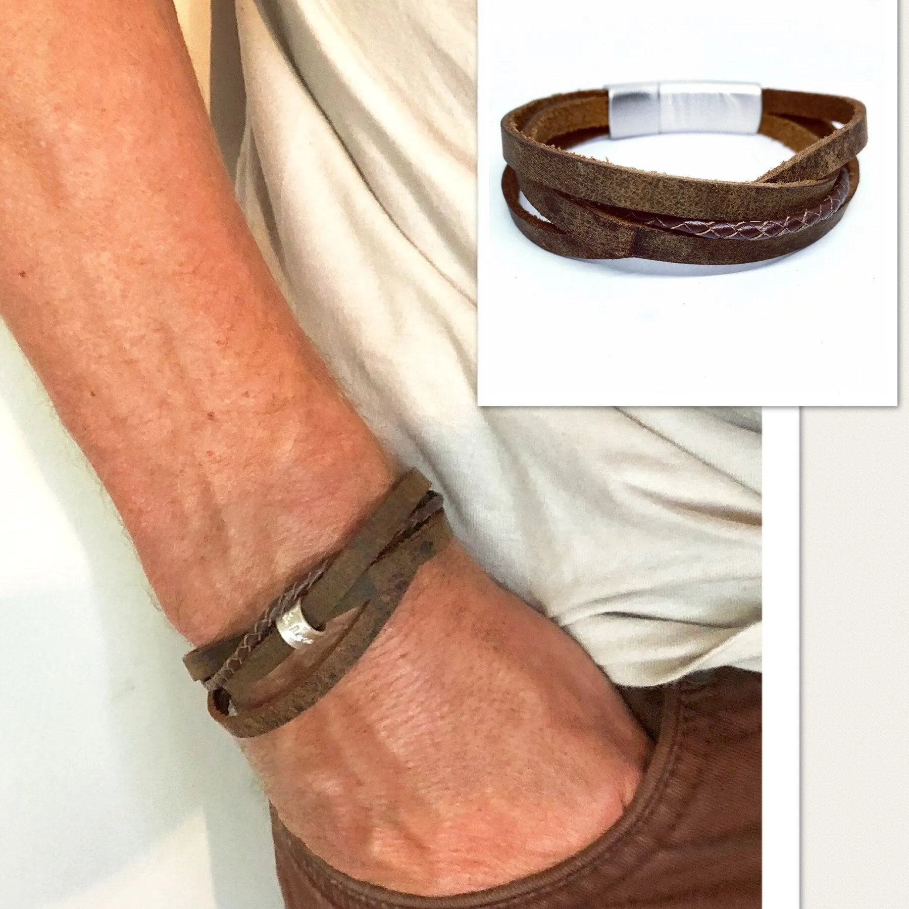 Men's Leather Wrap Bracelet with Personalised Silver Beads