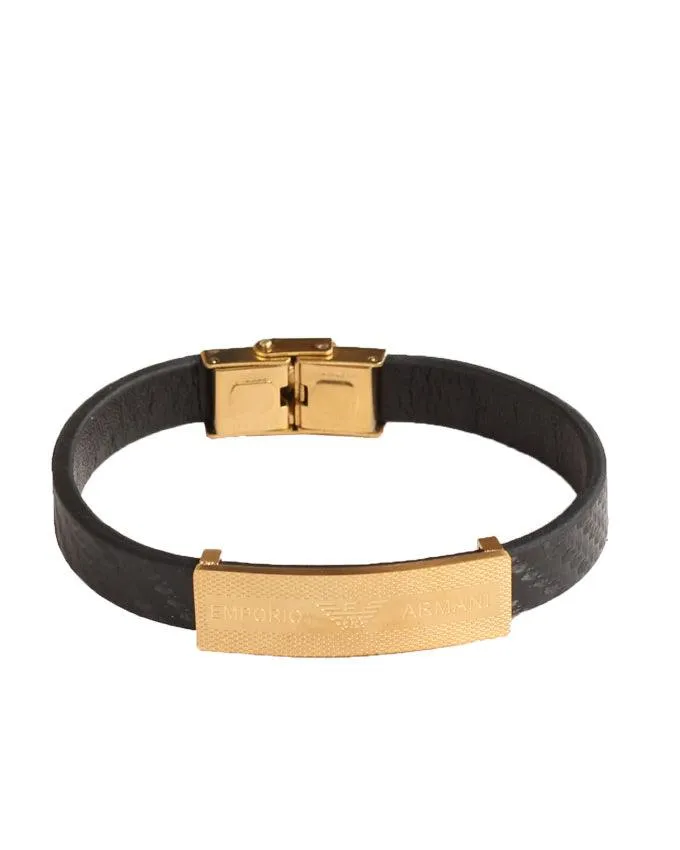 Men's plain Black Leather bracelet with gold block head