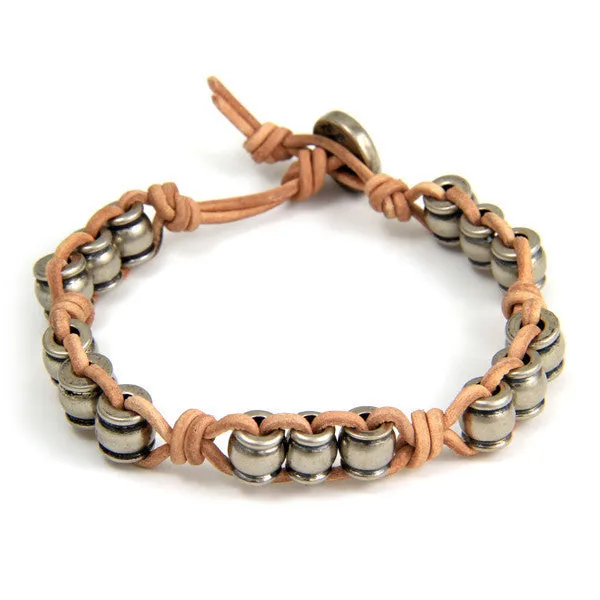Mens Silver Collared Barrel Beads Tan Leather Bracelet with Button Closure
