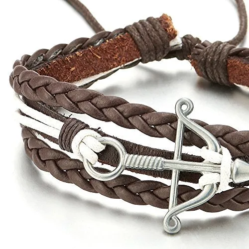 Mens Women Bow and Arrow Brown Braided Leather White Cotton Multi-Strand Wrap Bracelet Wristband
