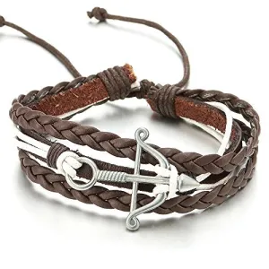 Mens Women Bow and Arrow Brown Braided Leather White Cotton Multi-Strand Wrap Bracelet Wristband