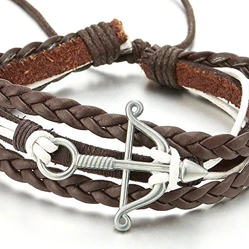 Mens Women Bow and Arrow Brown Braided Leather White Cotton Multi-Strand Wrap Bracelet Wristband
