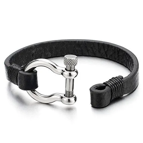 Mens Womens Steel Screw Anchor Shackles Wrap Bracelet with Brown Leather, Nautical Sailor Wristband