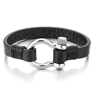Mens Womens Steel Screw Anchor Shackles Wrap Bracelet with Brown Leather, Nautical Sailor Wristband