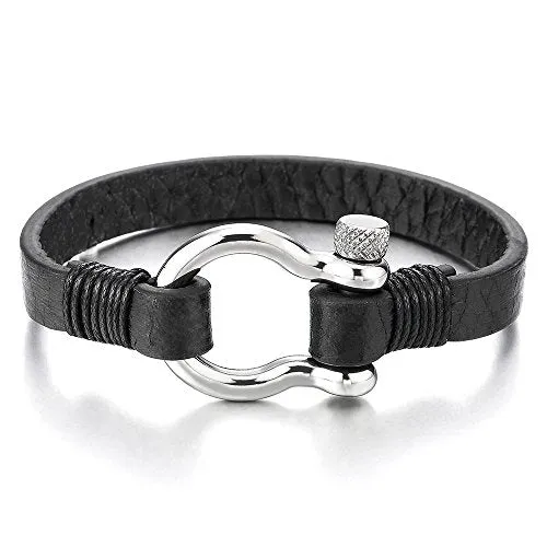 Mens Womens Steel Screw Anchor Shackles Wrap Bracelet with Brown Leather, Nautical Sailor Wristband