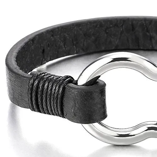 Mens Womens Steel Screw Anchor Shackles Wrap Bracelet with Brown Leather, Nautical Sailor Wristband