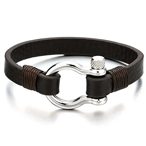 Mens Womens Steel Screw Anchor Shackles Wrap Bracelet with Brown Leather, Nautical Sailor Wristband