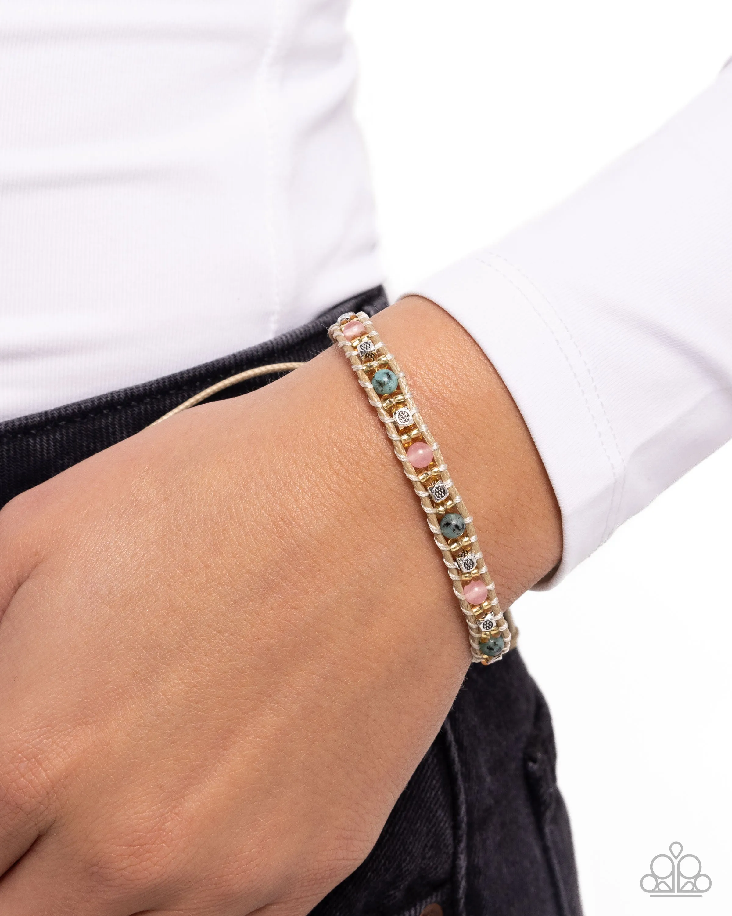 Mesmerizing Motif - Pink - and Green Stone, Gold and Silver Bead Paparazzi Pull-Cord Bracelet