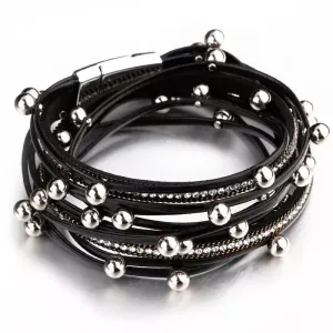 Metal Beads Charm Leather Bracelets for Women Fashion Crystal Chain Bohemian Multilayer Wrap Bracelet Female Jewelry