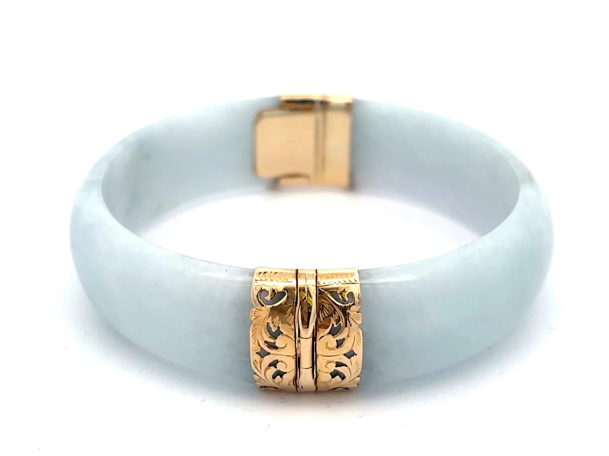 Mings Hawaii Wide Pale Green Jade Hinged Bangle in 14K Yellow Gold