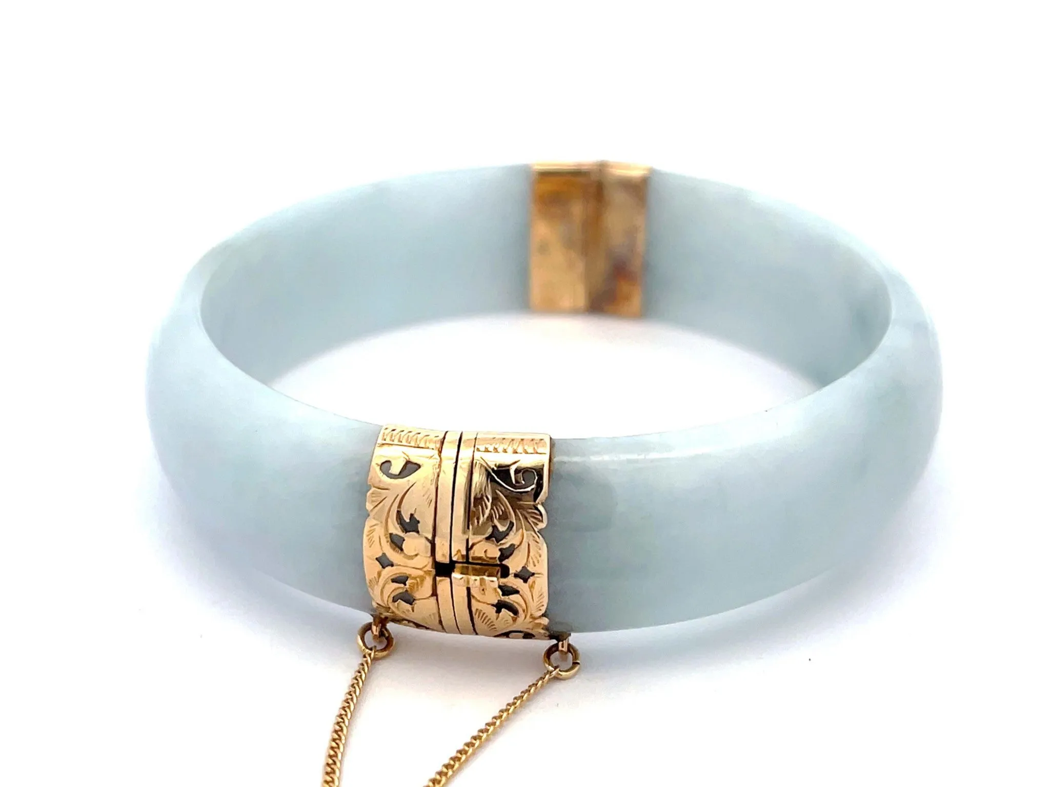 Mings Hawaii Wide Pale Green Jade Hinged Bangle in 14K Yellow Gold