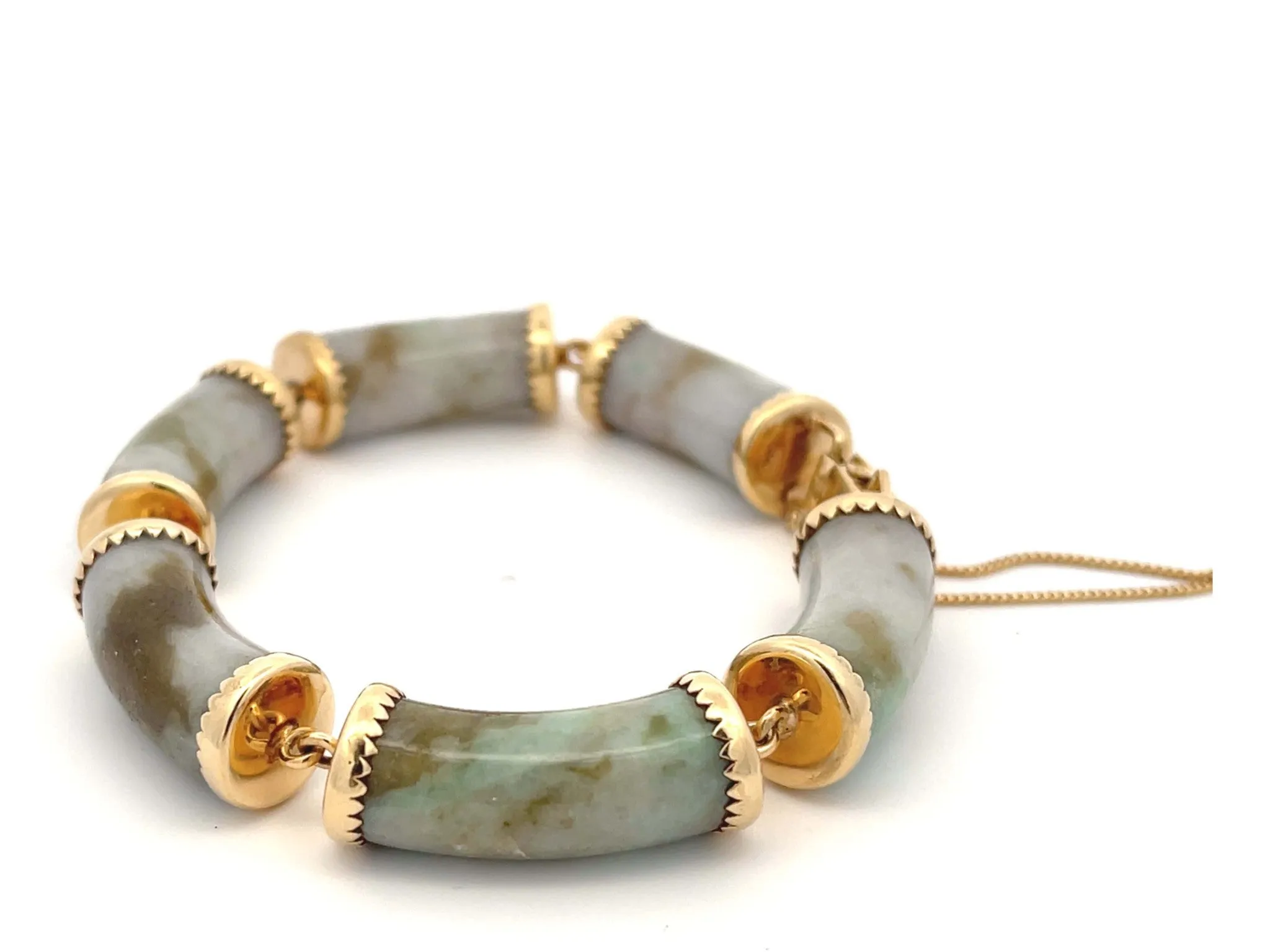 Mings Pale Green and Brown Jade Bracelet in 14K Yellow Gold