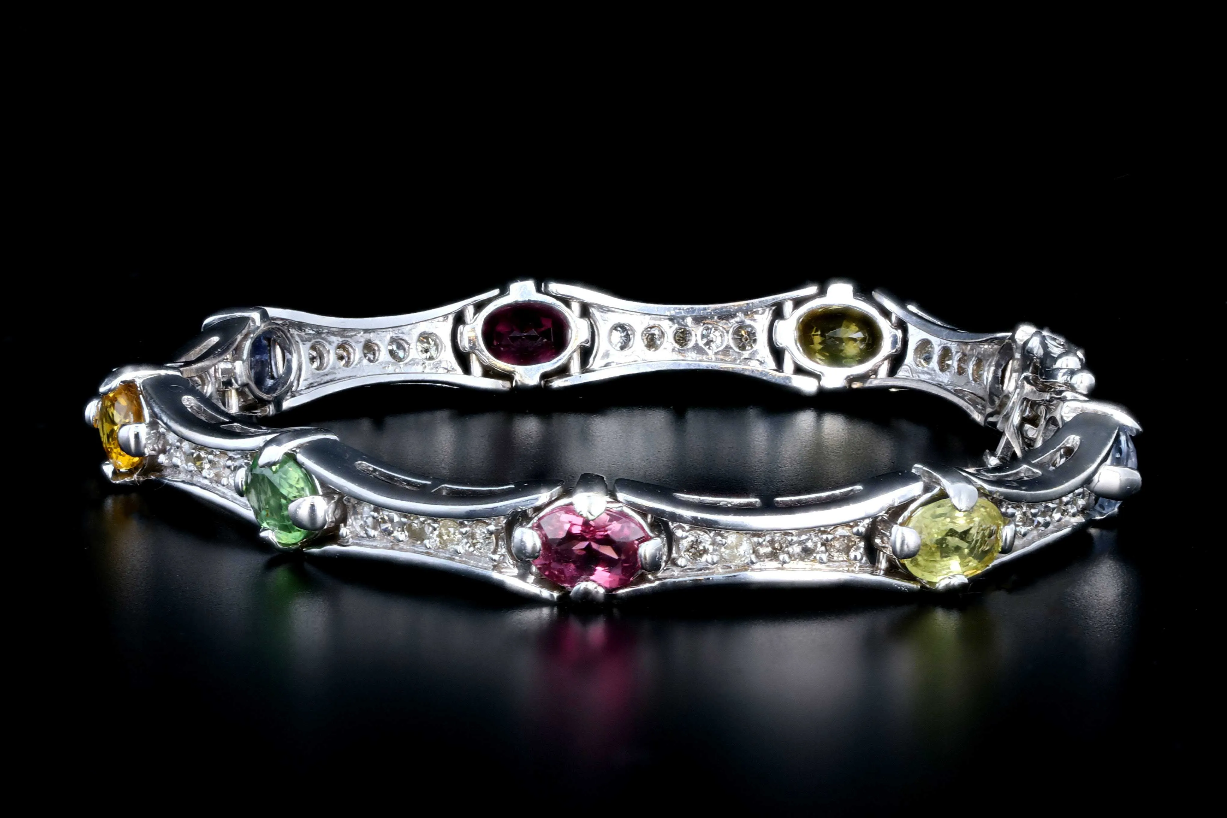 Modern 14K White Gold 10 Carat Natural Sapphire, Pink Tourmaline, and Diamond Bracelet