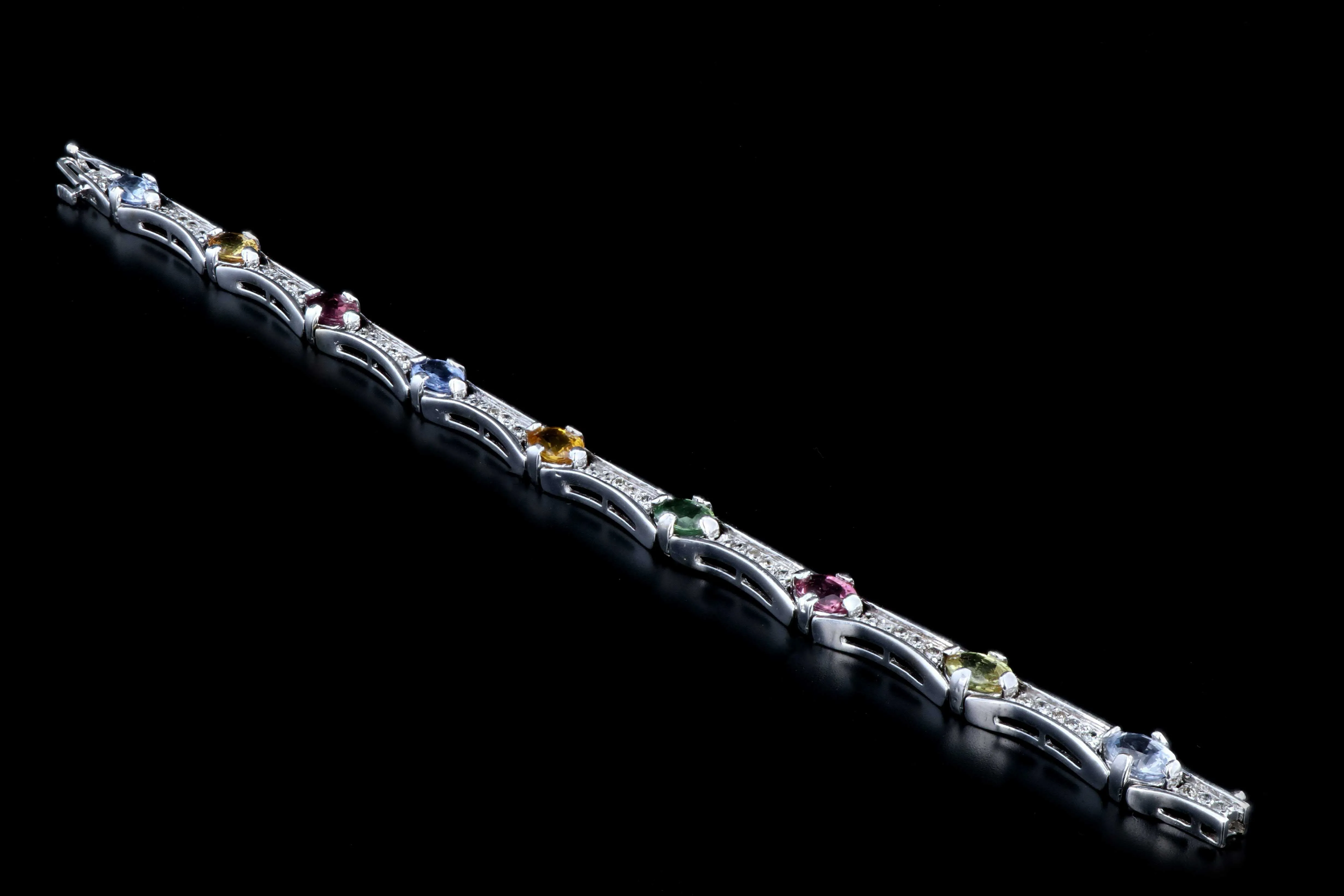 Modern 14K White Gold 10 Carat Natural Sapphire, Pink Tourmaline, and Diamond Bracelet