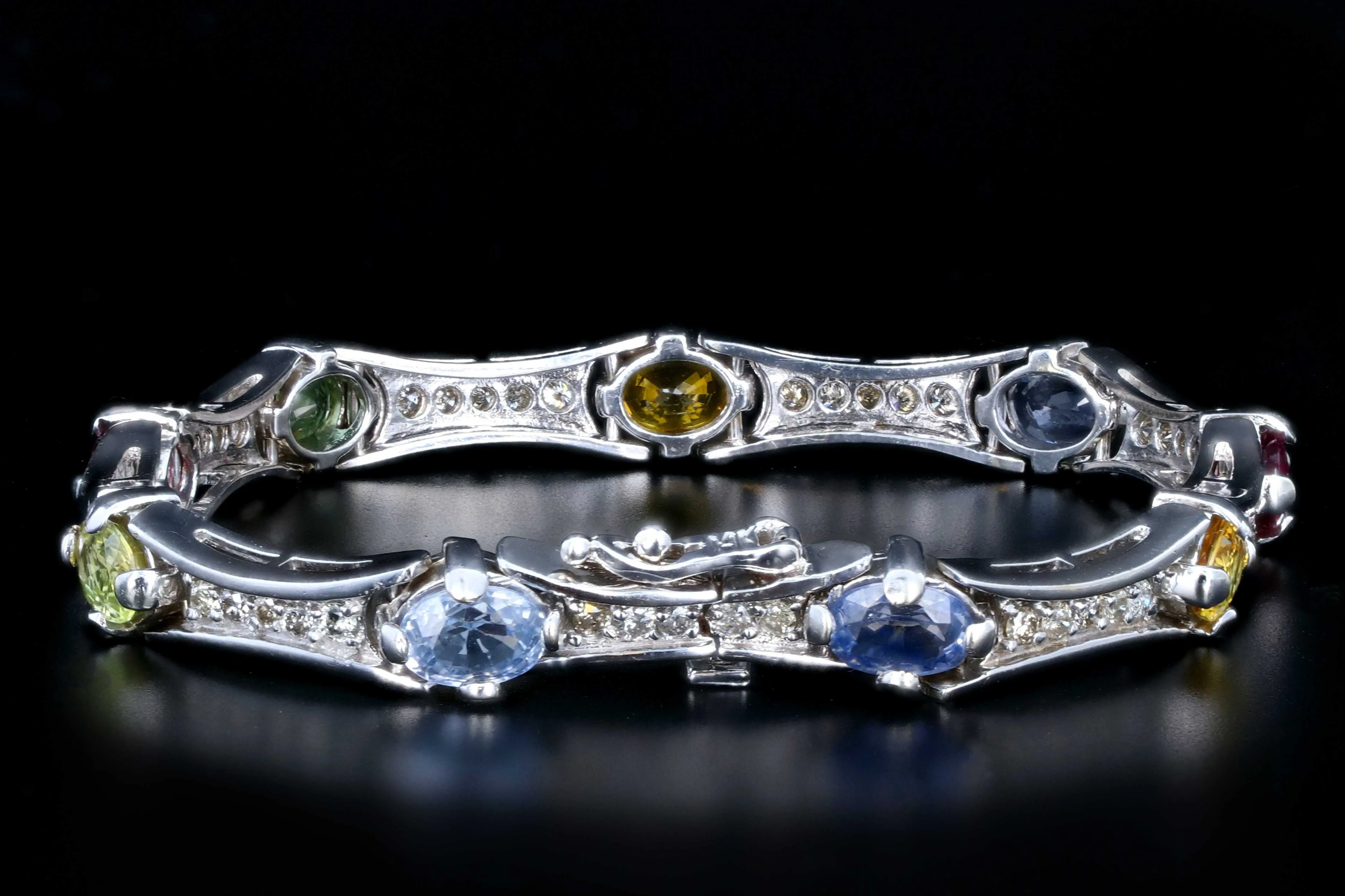 Modern 14K White Gold 10 Carat Natural Sapphire, Pink Tourmaline, and Diamond Bracelet