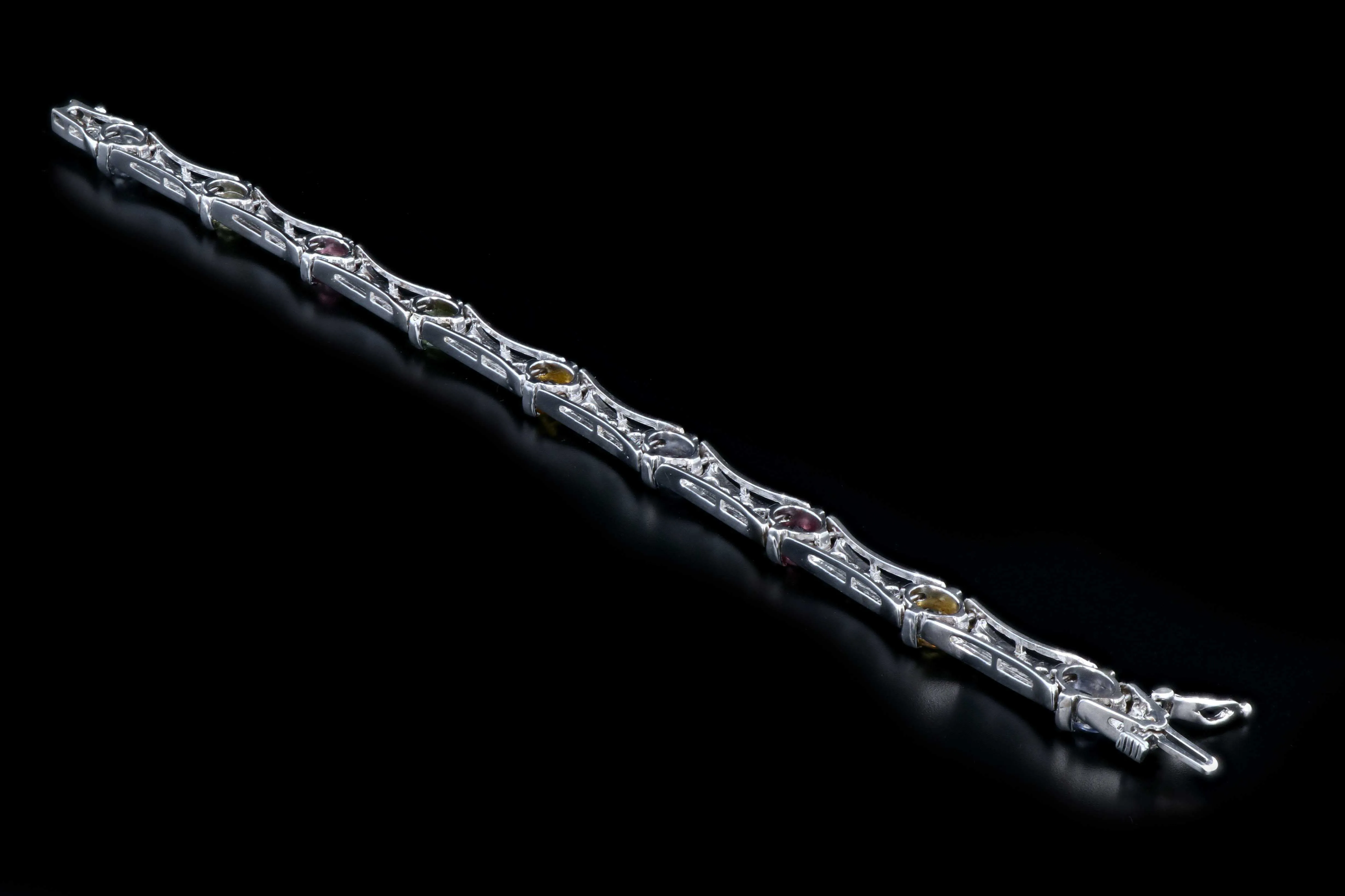 Modern 14K White Gold 10 Carat Natural Sapphire, Pink Tourmaline, and Diamond Bracelet