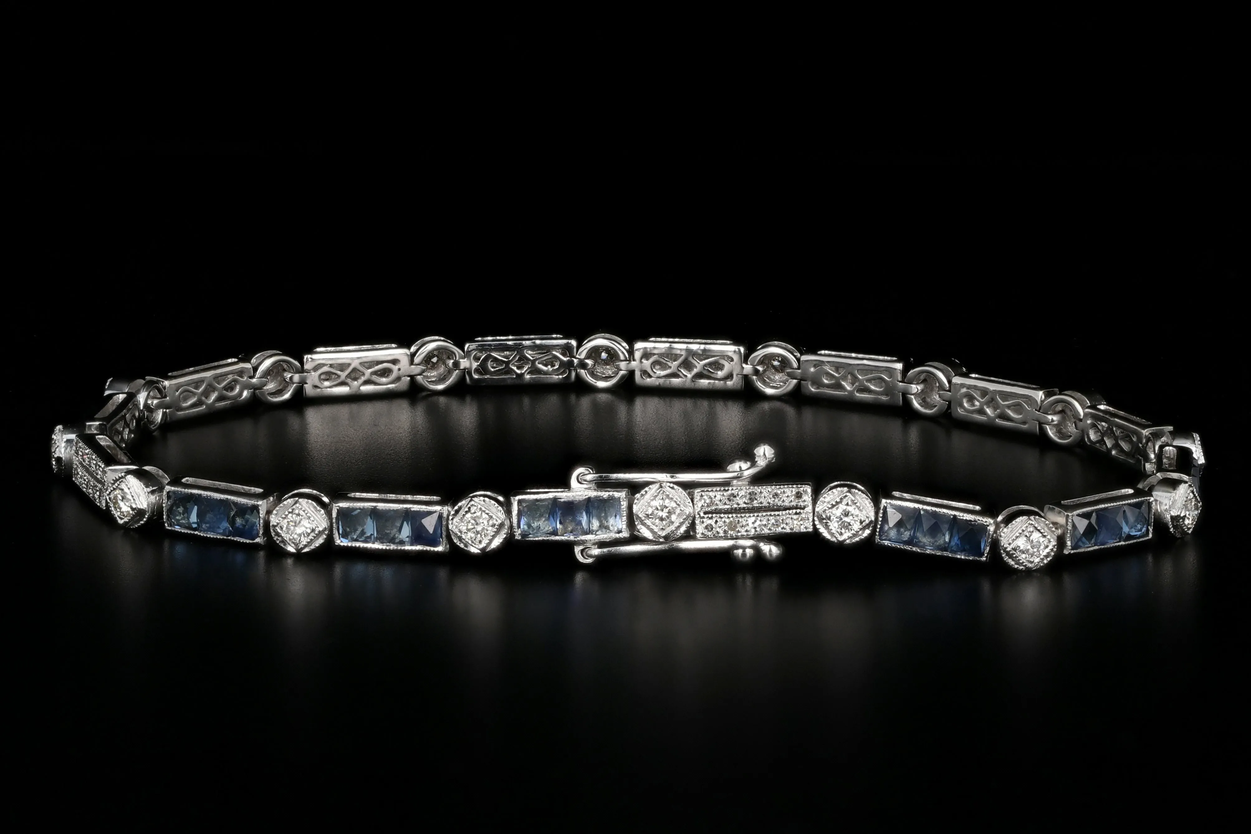 Modern 18K White Gold 3 Carat French Cut Sapphire & Diamond Tennis Bracelet