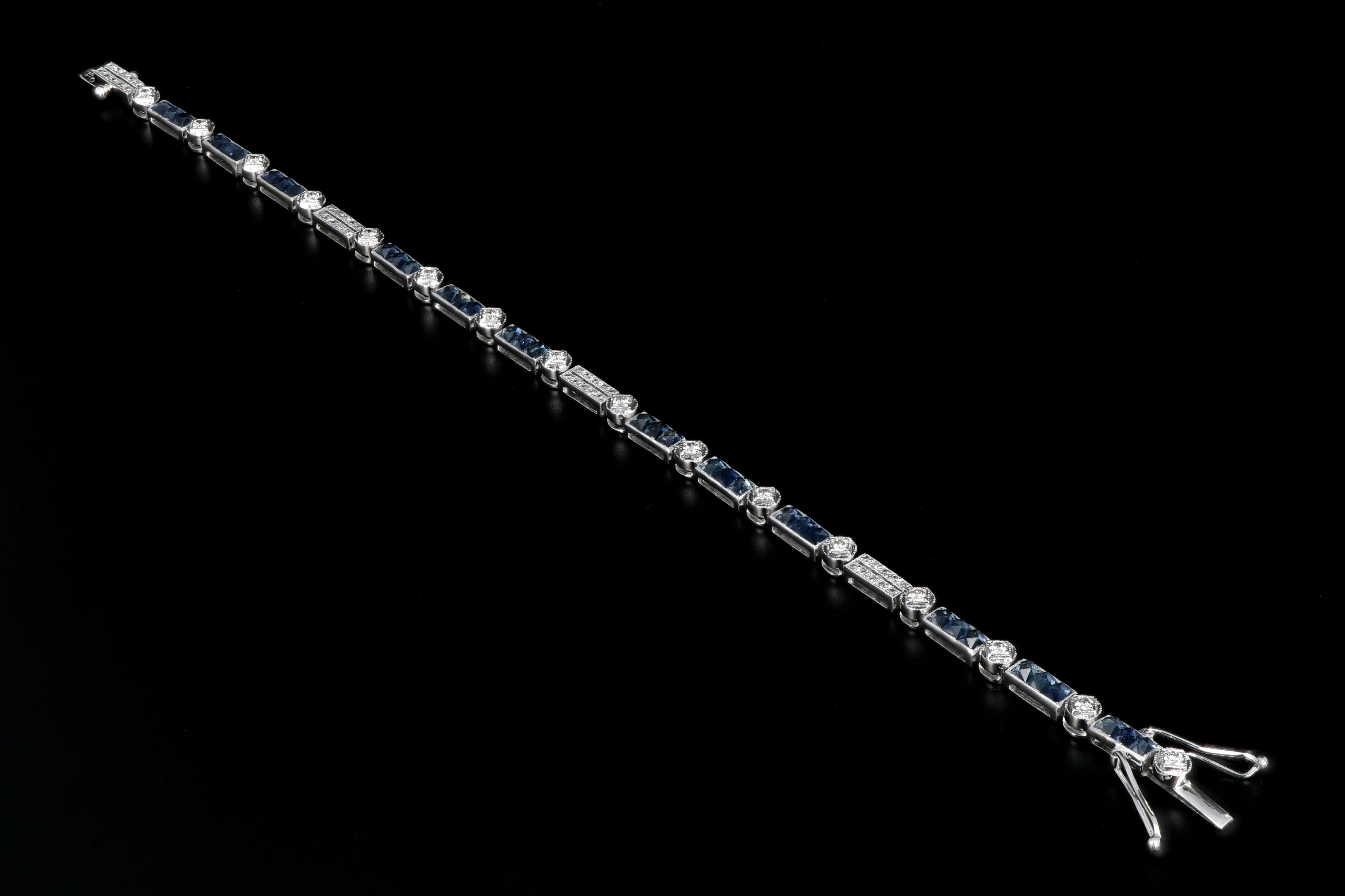 Modern 18K White Gold 3 Carat French Cut Sapphire & Diamond Tennis Bracelet