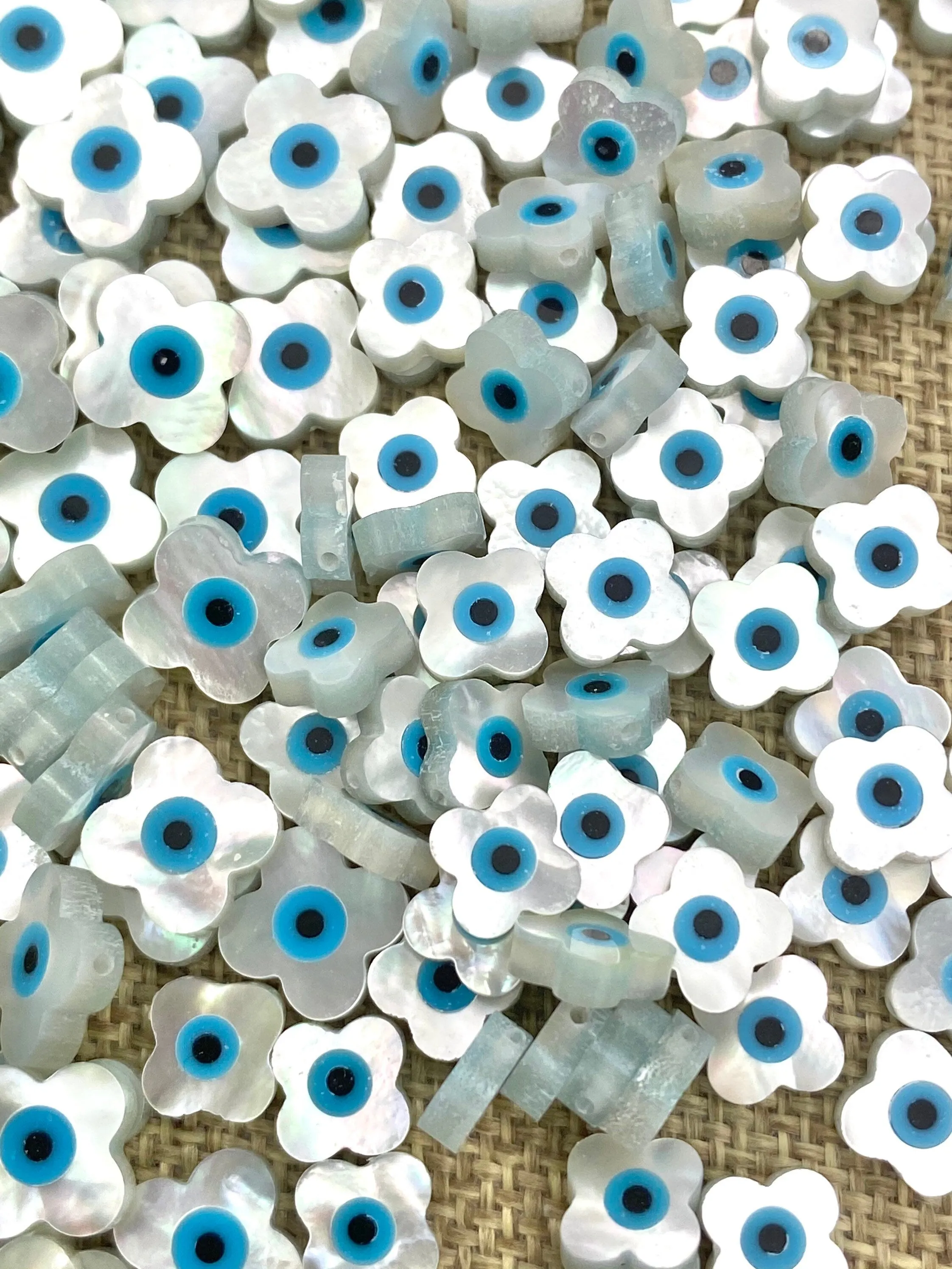 Mother Of Pearls Blue Eye Clover Beads, Clover Beads, Evil Eye Beads